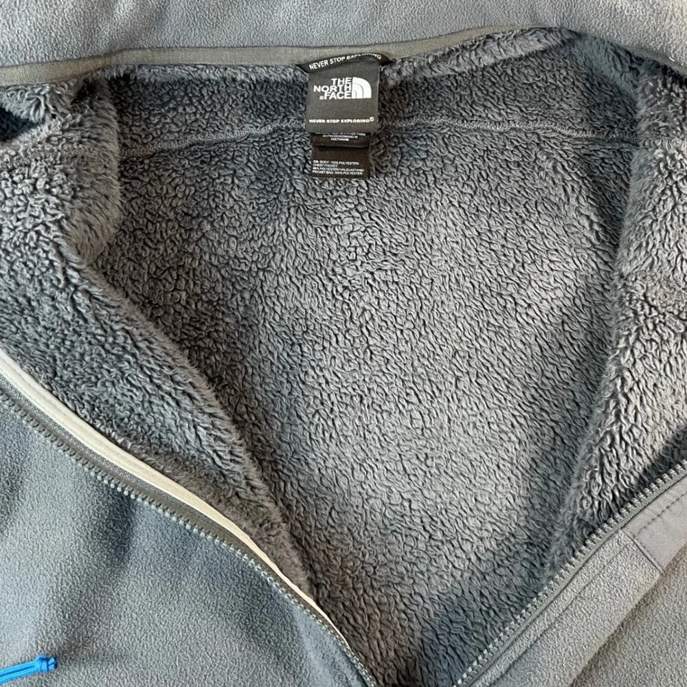 The North Face Mens Large Grey Full Zip Sherpa Lined Fleece Jacket Blue Trim